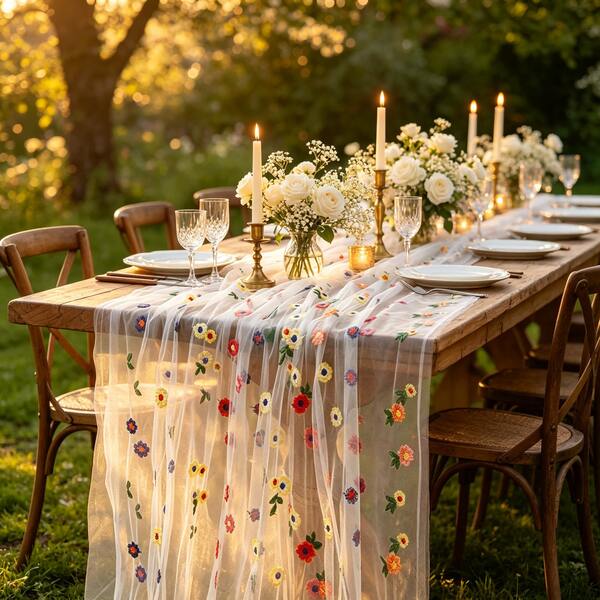 1/3/6Pcs 10Ft White Daisy Embroidered Sheer Tulle Lace Table Runner For Wedding, Romantic Coquette Cottagecore Bridal Shower Baby Shower Spring Easter Party Reception Dining Tablescape Decor
