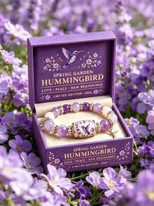 1pc Hummingbird Women's Charming Purple Hope Beaded Elastic Bracelet, Exquisite Spring Garden Jewelry Gift (With Gift Box) - Purple - View 4