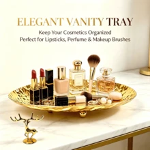 WAXJJDW Gold Textured Vanity Storage Tray With Free Deer Figurine,Key & Cosmetic Jewelry Organizer,Christmas Home Decor Gift - Hammered Storage Tray + Deer - View 2