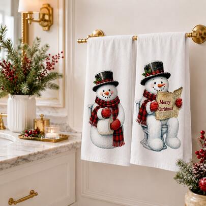 2/4/6pcs Christmas Theme Printed Kitchen Napkins, Vintage Hand-Drawn Style, Soft And Easy To Clean, Snowman Fun Pattern, Christmas Home Decor, Christmas Gift, Suitable For Kitchen Accessories, Bathroom Decor, Toilet Accessories, Baking, Cooking, Christmas Table Decor, Christmas Party