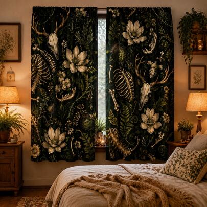 2 قطعة ستائر ديكورية بطباعة جمجمة قرون الغزال في الغابة المظلمة، تصميم جيب القضيب بدون حفر، تعليق القضيب، سهلة التركيب والإزالة، مادة البوليستر، مناسبة لغرفة النوم وغرفة المعيشة وديكور المنزل