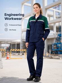 Navy Blue & Green Reflective Strip Workwear Jacket, Unisex Long Sleeve Work Uniform For Workshop And Construction Site - Navy Blue - View 3