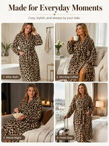 Women's Casual Leopard Print Coral Fleece Bathrobe, Thick Soft Leopard Pattern, Comfortable Winter Style, Fluffy Texture, Suitable For Warm Winter Wear - Multicolor - View 8