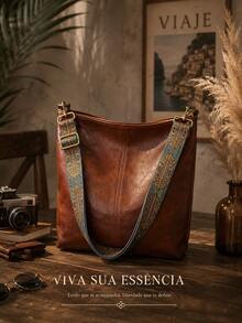 Bolsa hobo feminina transversal e de ombro em couro, alça larga com estampa étnica, de grande capacidade, estilo elegante e retrô para deslocamento diário e viagens - Castanho - Visão 10