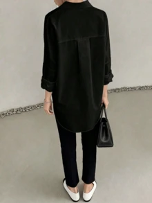Kemeja Katun Murni Hitam Tenun Regular Fit Wanita, Lengan Panjang, Detail Kancing, Fesyen Serbaguna - Hitam - View 11