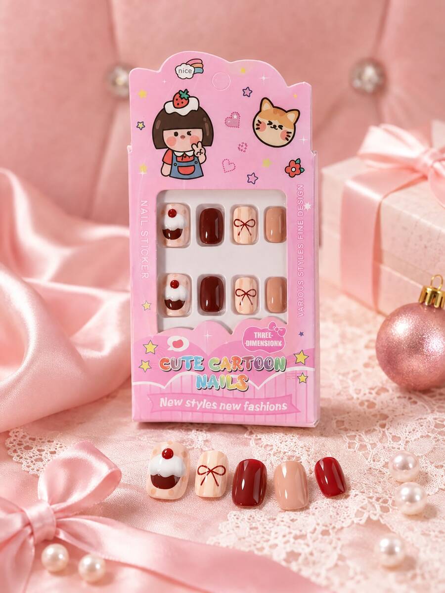 24pcs Y2K Style (Cupcake, Bow) Element Design, Kids Girls Press-On Short Fake Nails, Cute Pre-Glued Full Coverage Acrylic Nail Tips Set, Suitable For 5-12 Years Old Girls Nail Decoration - Multicolor - View 1