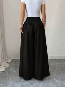 Plus Size Women's Elegant Button Wide Leg Pants With Pockets Loose Draped Wide Leg Trousers - Black - View 5
