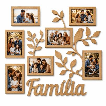 Porta Retrato Parede MDF Família 7 Fotos Decorativo Galhos Sala Quarto