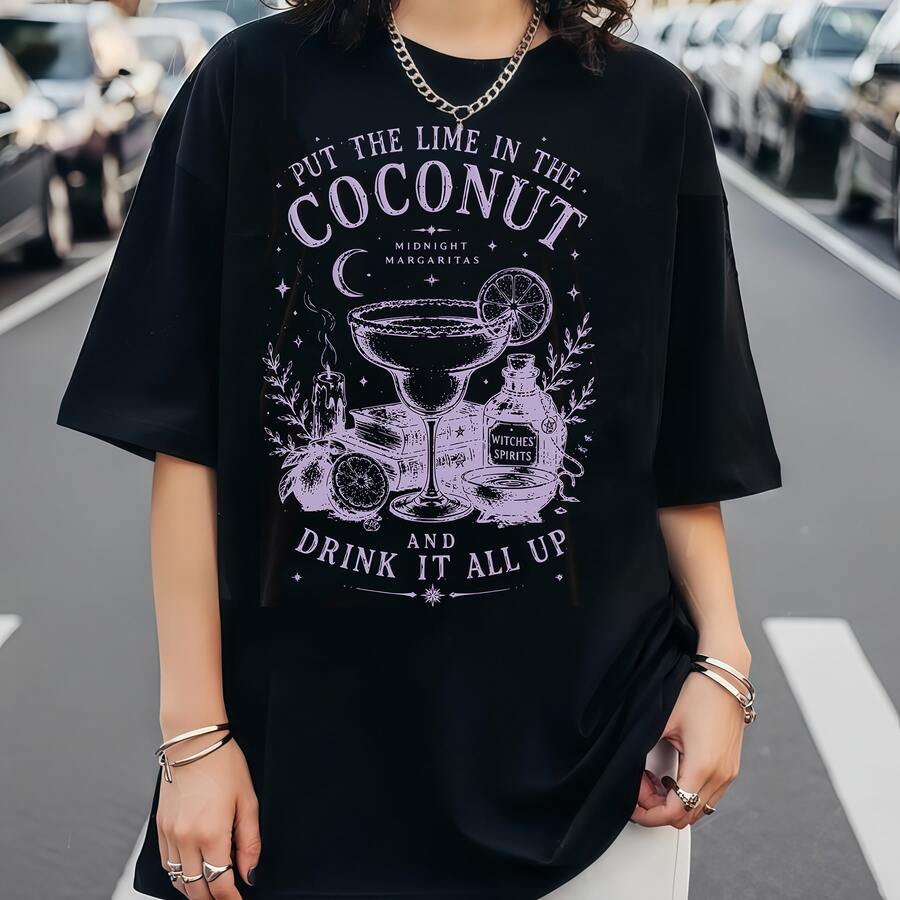 Practical Magics Midnight Margaritas Graphic T‑Shirt Cotton Oversized Witchy Retro Gothic Women Tee Halloween Night 2026 - Black - View 1