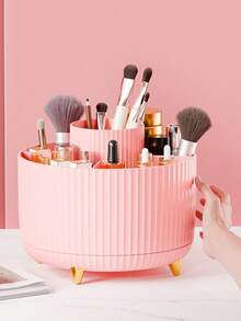 1pc White & Pink Rotating Desktop Makeup Organizer, Stationery Storage Box, Pen Holder, Cosmetic Display Rack, Multi-Functional Makeup Brush Holder, Skincare Storage Box, Plastic Makeup Brush Organizer - Multicolor - View 9