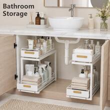 2 Tier Under Sink Organizer, Metal Pull Out Sliding Drawer Rack, Cabinet Storage Shelf For Kitchen Bathroom, Black White Grey - View 1