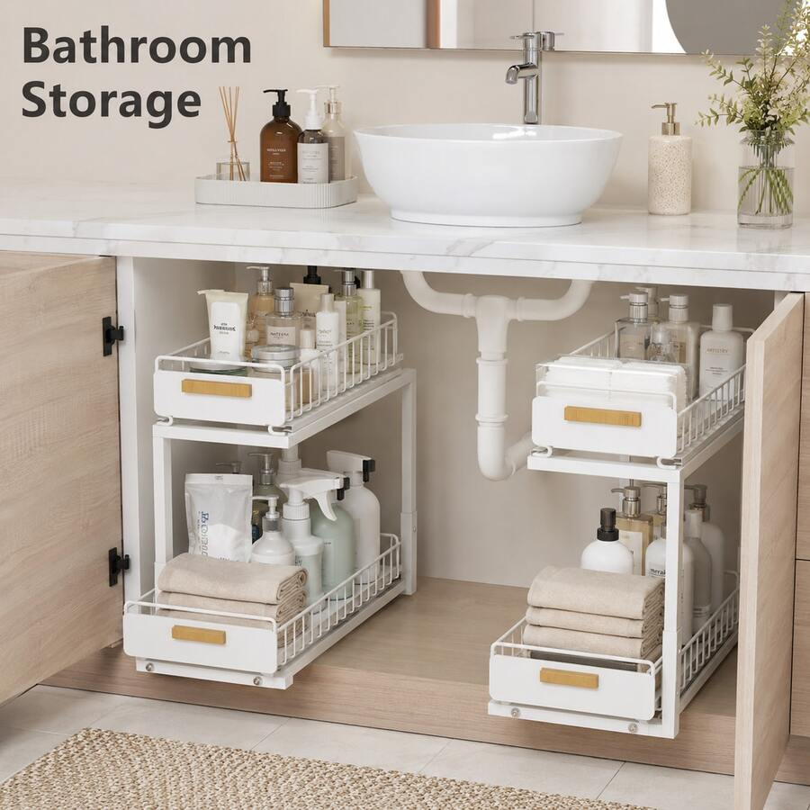 2 Tier Under Sink Organizer, Metal Pull Out Sliding Drawer Rack, Cabinet Storage Shelf For Kitchen Bathroom, Black White Grey - View 1