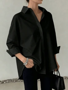 Kemeja Katun Murni Hitam Tenun Regular Fit Wanita, Lengan Panjang, Detail Kancing, Fesyen Serbaguna - Hitam - View 8