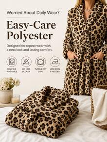 Women's Casual Leopard Print Coral Fleece Bathrobe, Thick Soft Leopard Pattern, Comfortable Winter Style, Fluffy Texture, Suitable For Warm Winter Wear - Multicolor - View 9