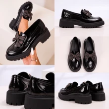 Preppy Bow Decor Loafers Thick Sole Height-Increasing Slip-On Women's Casual Commuter Shoes - Black - View 6