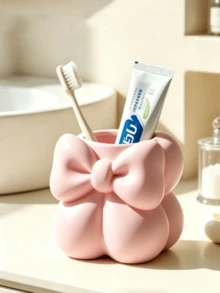 Mini Cream Bow Creative Fun Toothbrush Holder, Toothbrush Cup, Desktop Storage Rack, Can Hold Toothbrush, Toothpaste, Flower Pot, Vase, Vanity Decor, Bathroom Supplies. Warm Home Bathroom Decor Autumn Decor Back To School Season - Multicolor - View 2