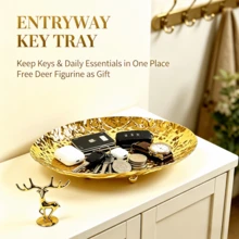 WAXJJDW Gold Textured Vanity Storage Tray With Free Deer Figurine,Key & Cosmetic Jewelry Organizer,Christmas Home Decor Gift - Hammered Storage Tray + Deer - View 3