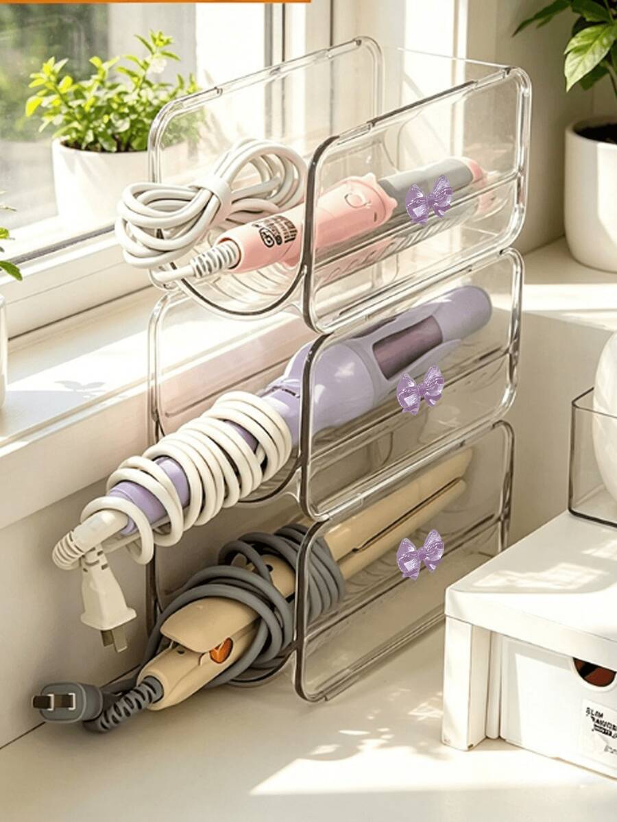 Clear Bow Acrylic Hair Tool Storage Rack, Desktop Organizer For Curling Wand, Flat Iron, Hair Straightener Brush, Bathroom Vanity Counter Storage Holder Box For Hair Styling Appliances - Multicolor - View 1