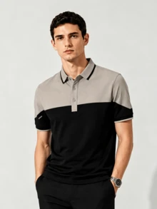 Men's Slim Fit Polo Shirt For Summer, Contrast Color Collar Splice Button Placket With Embroidery, Suitable For Daily And Outdoor Wear - Black - View 1