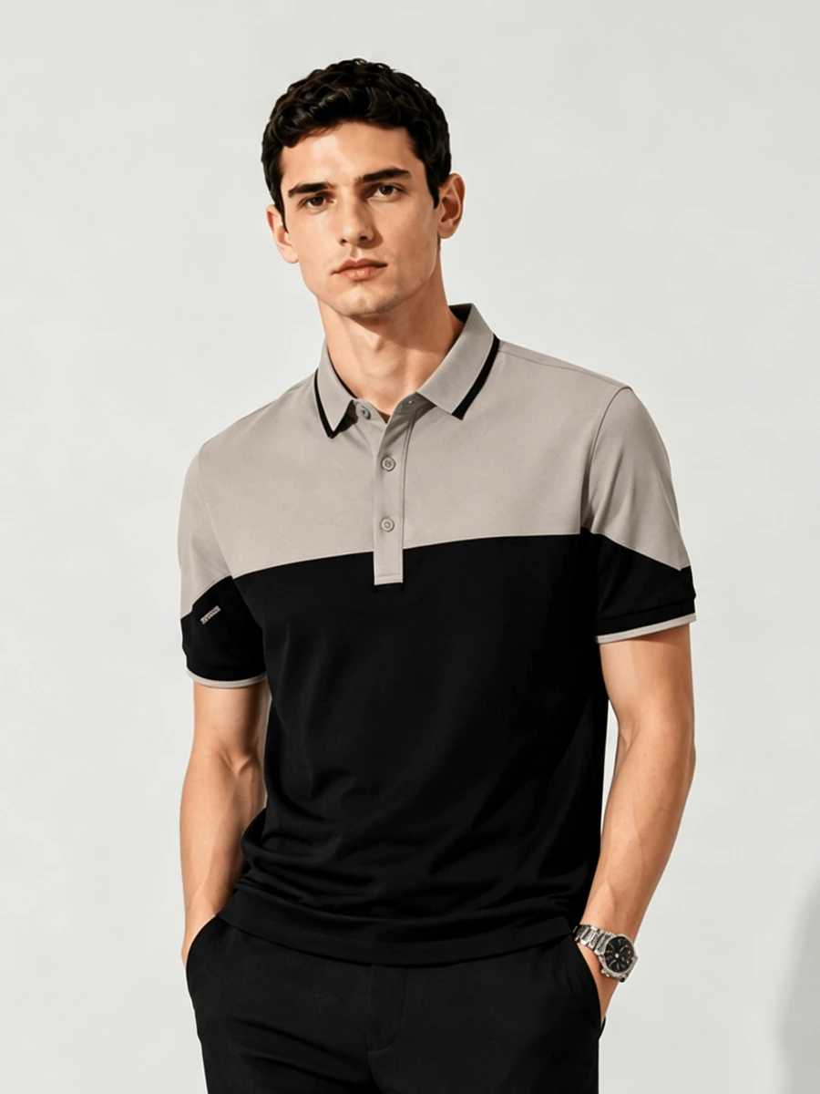 Men's Slim Fit Polo Shirt For Summer, Contrast Color Collar Splice Button Placket With Embroidery, Suitable For Daily And Outdoor Wear - Black - View 1