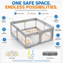 Hauture Foldable Baby Playpen, Ocean Balls, Pull Rings, Oxford Fabric Design With Anti-Slip Bottom, Breathable Mesh, Baby Shower Gift - Grey - View 4