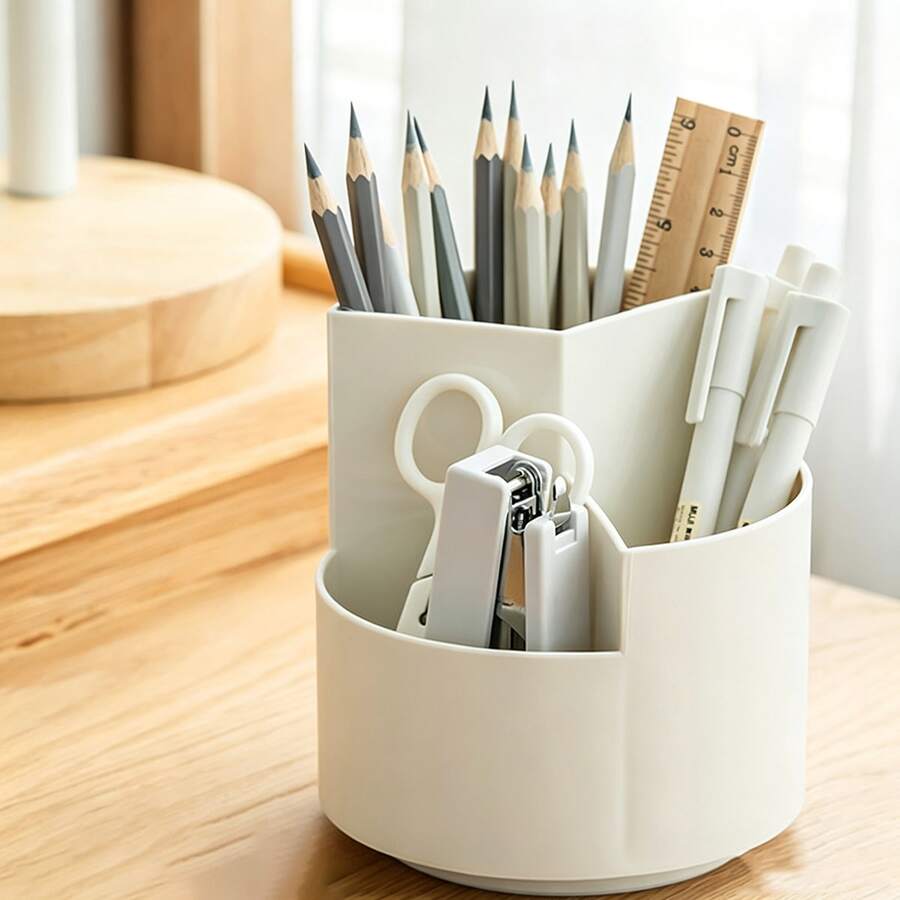 1 pieza Soporte giratorio de 360° para bolígrafos, diseño de 3 compartimentos, soporte giratorio de gran capacidad para bolígrafos, caja de almacenamiento de escritorio, organizador de papelería de escritorio, puede almacenar lápices, brochas de maquillaje, papelería, adecuado para oficina, escuela, suministros de arte