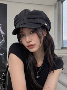 1pc Women's Vintage Suede Texture Newsboy Cap, Soft Brim Baker Boy Hat With Belt Loop And Gold Button Detail, Suitable For Travel, Streetwear, All Seasons - A - View 4