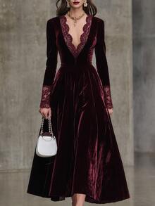 Velvet & Lace Patchwork V-Neck Women's Dress, Elegant Vintage Long Sleeve Dress For Autumn - Burgundy - View 4