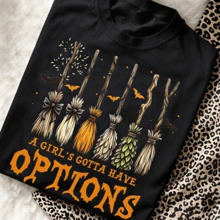 Retro Halloween Witches Broom Graphic Print Top Classic Crewneck Loose Fit T Shirt Funny Witch Slogan Casual Blouse For Women Streetwear - Black - View 1