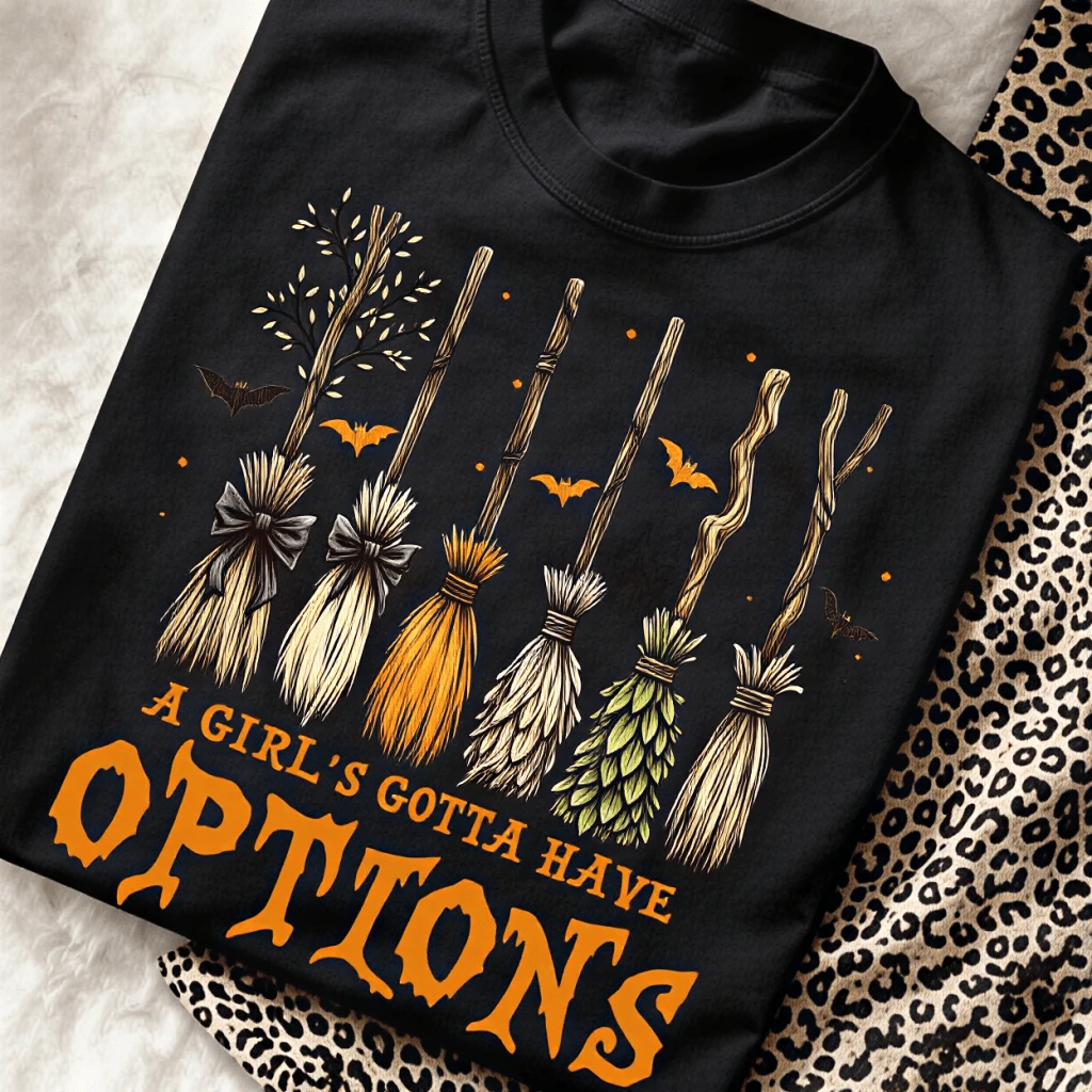 Retro Halloween Witches Broom Graphic Print Top Classic Crewneck Loose Fit T Shirt Funny Witch Slogan Casual Blouse For Women Streetwear - Black - View 1