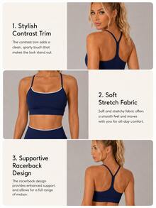 Sodalemon Women's Deep Blue Y-Back Spaghetti Strap Sports Bra, Round Neck Low-Impact Fitness Bra, Suitable For Yoga, Pilates, Gym And Daily Workout - Navy Blue - View 3