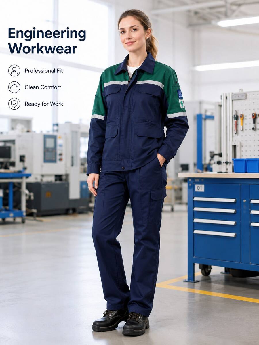 Navy Blue & Green Reflective Strip Workwear Jacket, Unisex Long Sleeve Work Uniform For Workshop And Construction Site - Navy Blue - View 1