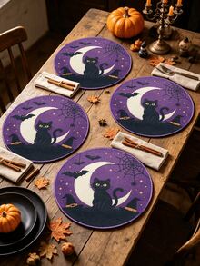 6pcs Halloween & Thanksgiving Round Placemats, Autumn Pumpkin Maple Leaf Turkey Squirrel Print Table Mats, Holiday Atmosphere Decorative Table Pads - Multicolor - View 8