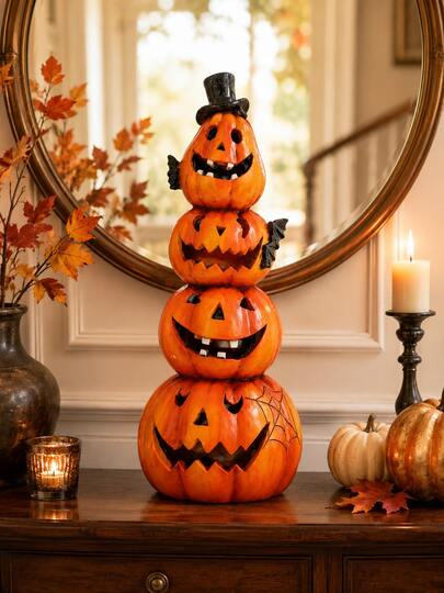 Halloween Pumpkin Stack Resin Figurine, 15cm Funny Jack O Lantern Pumpkin Decoration With Top Hat & Bat, Spooky Halloween Decor, Fall Home Decor, Shelf Decor, Tabletop Ornament For Living Room, Bedroom, Office, Party, Autumn Harvest Gift