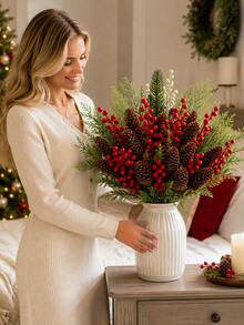40pcs Pine Cone And Red Berry Decorations | Realistic Plastic Branch Christmas Tree Decor | Winter Wedding And Wreath Centerpiece Decorations | Durable Pine Cone And Red Berry Ornaments | Holiday Berry Wreath Accessories - Multicolor - View 4