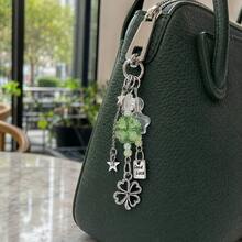 Green Four-Leaf Clover Lucky Keychain, Silver Star And Bead Pendant, Creative Bag Charm - A - View 3