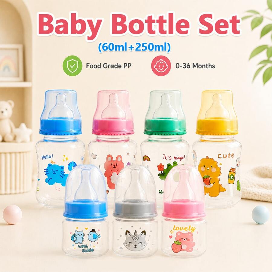 2pcs Cute Bottle Set 60ml+250ml PP Feeding Bottles With Nipples For 0-36 Months