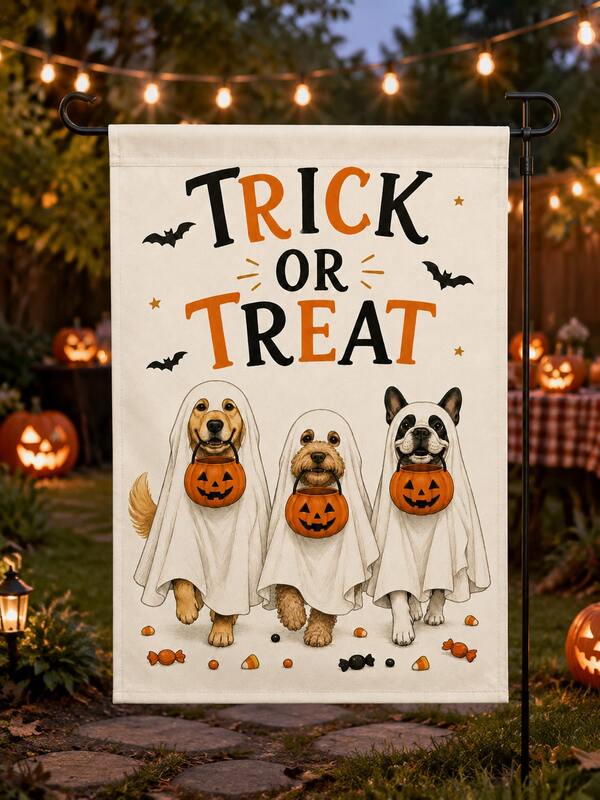 1pc Halloween Garden Flag, Cute Cat Dog Pumpkin Bat Witch Ghost Print Double Sided Yard Flag, Fun Pet Theme Autumn Outdoor Decor, Suitable For Garden, Lawn, Patio, Porch And Halloween Party Decoration