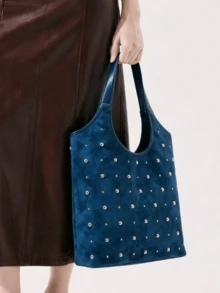 Women Shoulder Tote Bag,Plain Soft Suede Fabric,All‑Over Metal Stud Decoration & Wide Straps,Large Capacity,Retro Style For Work Shopping Daily Outing - Multicolor - View 2