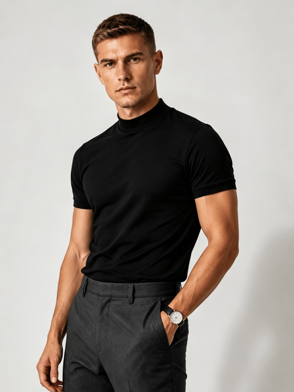Camiseta de manga corta con cuello medio alto de unicolor casual y versátil para hombres, adecuada para el uso diario en primavera/verano