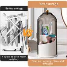 360° Rotating Makeup Brush Holder With 180° Sliding Cover And Clear Dustproof Lid,Gold Knob,3-Compartment Large Capacity Toothbrush Storage Organizer For Bathroom Vanity Countertop,Toothpaste,Available In White, Smoky Gray,Dark Green And Black - Grey - View 6