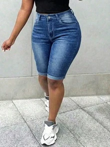 Women's Casual Distressed Stretch Denim Shorts, Suitable For Spring/Summer Commute And Daily Wear - Blue - View 2