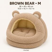 Brown Bear Ear Semi-Enclosed Pet Bed, Soft Teddy Fleece Texture Cat Cave Bed With Cushion, Suitable For Cats And Small Dogs Indoor Autumn/Winter Pet Bed, S/M/L 3 Sizes - Brown - View 10