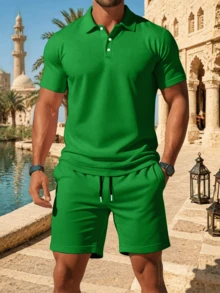 2pcs/Set Men's Casual Solid Color Short Sleeve Polo Shirt And Shorts Outfit, Suitable For Beach, Commuting, Gym And Weekend Outings - Green - View 10