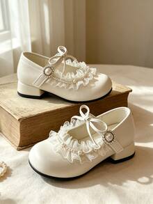 Girls Sweet Dress Shoes, White Pearl Lace Bow Low Heel Performance Shoes - Beige - View 5