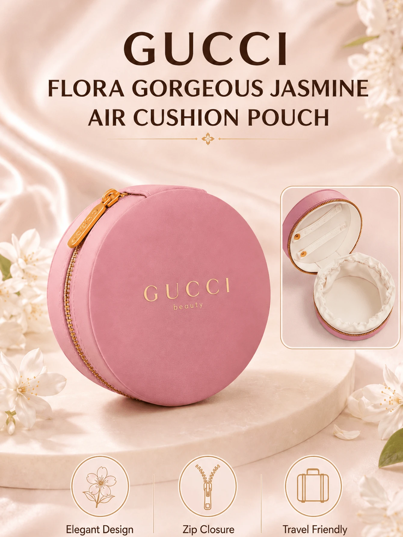 Gucci Dreamy Fragrant Gardenia Cushion Bag 10CM/3.94IN*10CM/3.94IN, Smooth Fabric Material, Gold Zipper With Logo, Compact And Portable, Multi-Functional Storage