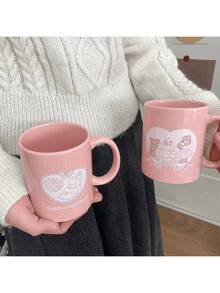 Sweet Cute Pink Ceramic Mug, Adorable Bear Rabbit Cake Art Print Cup, Girly Aesthetic Gift, Macaron Color Coffee Tea Cup - Multicolor - View 7
