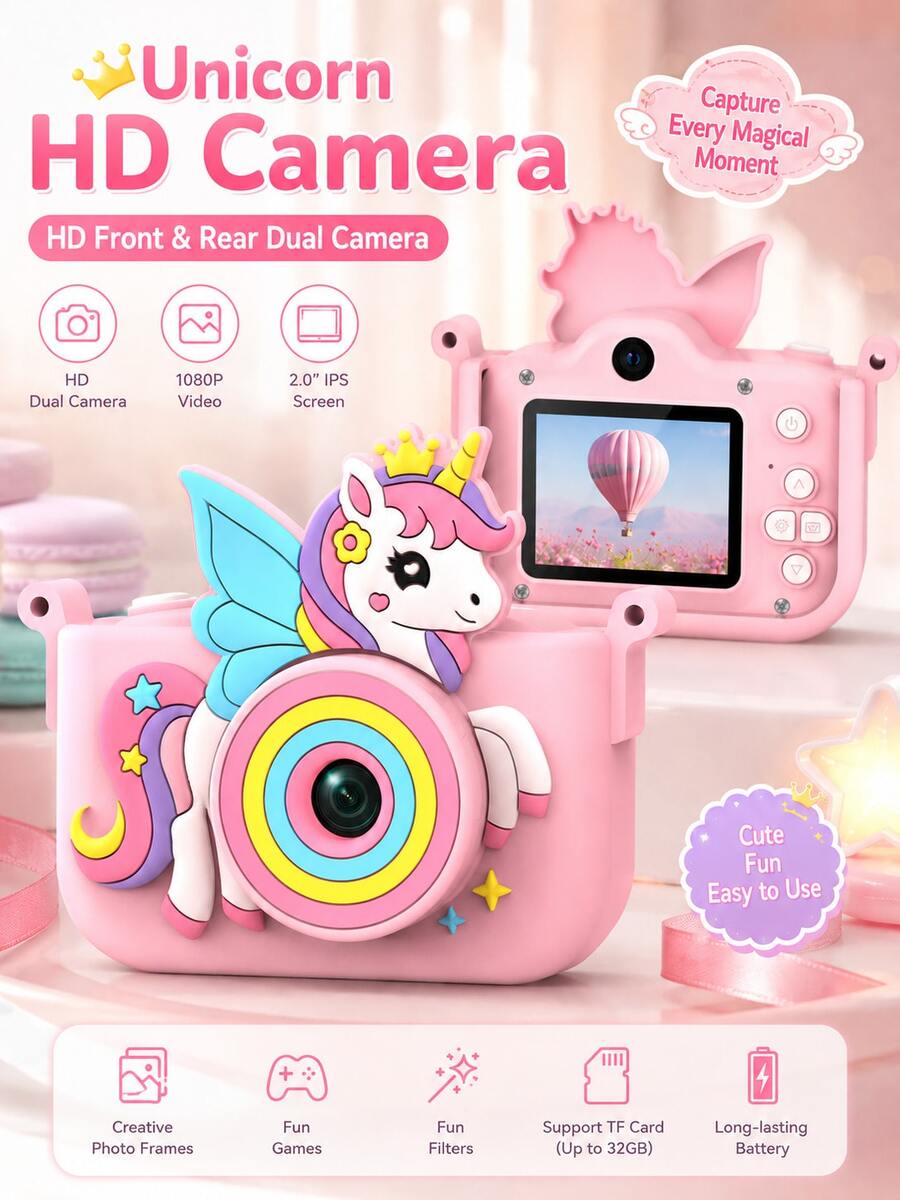 YAIUZGOO Kamera Digital Unicorn dengan Kamera Depan & Belakang Ganda, Foto HD 48MP, Video 1080P, Autofokus AF, Layar Besar, Kamera Kompak Portabel untuk Selfie, Perjalanan, Fotografi & Momen Sehari-hari - View 1