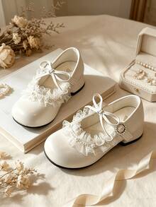 Girls Sweet Dress Shoes, White Pearl Lace Bow Low Heel Performance Shoes - Beige - View 3