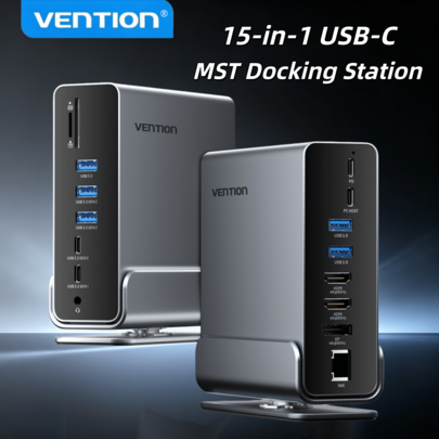 תחנת עגינה אנכית 15-ב-1 USB-C של VENTION, רכזת שולחנית רב-פורטים עם טעינה מהירה PD 100W, מעמד נשלף ומתחלף, שמע OMTP&CTA, תחנת עגינה אוניברסלית מסגסוגת אלומיניום למחשבי MacBook ומחשבים ניידים של Windows